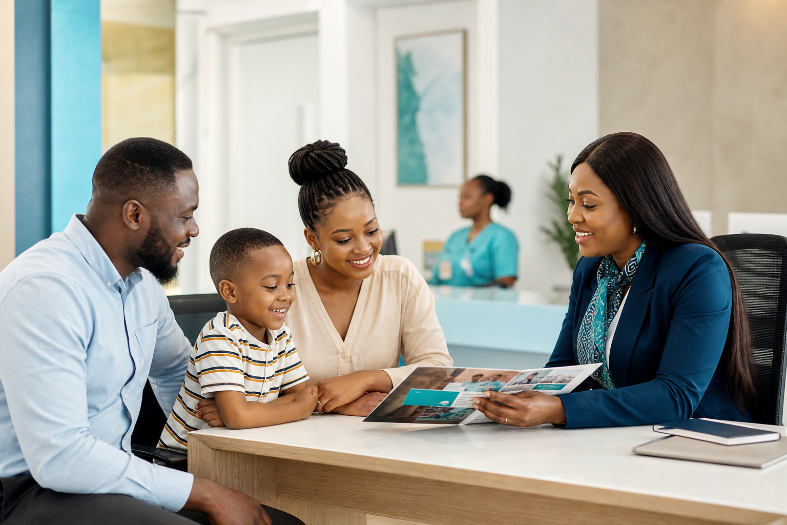 Family discussing a St. Andrew Hospital health plan with a care advisor
