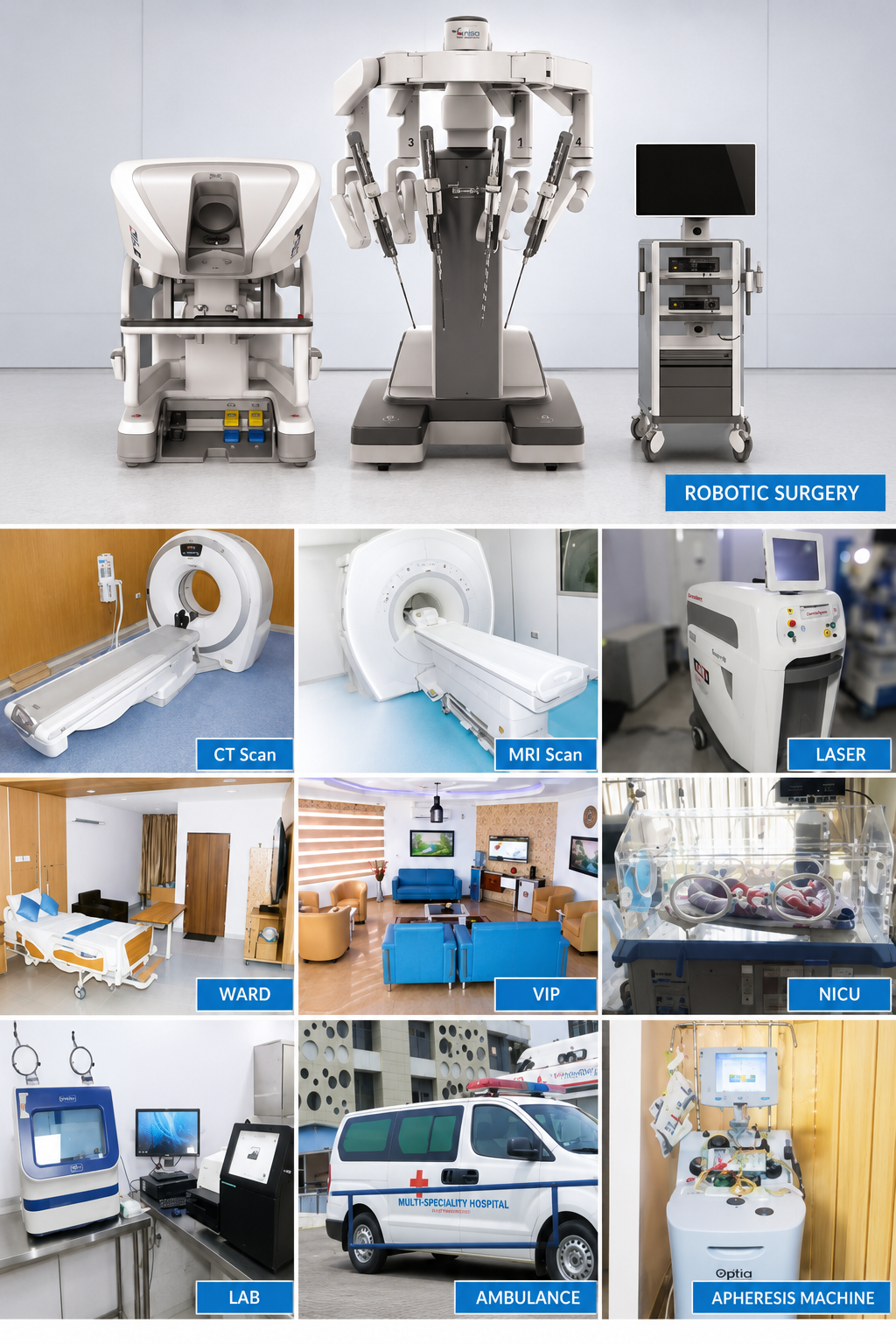 St. Andrew Hospital clinical facilities including robotic surgery, diagnostic imaging, wards, VIP lounge, NICU, laboratory and ambulance