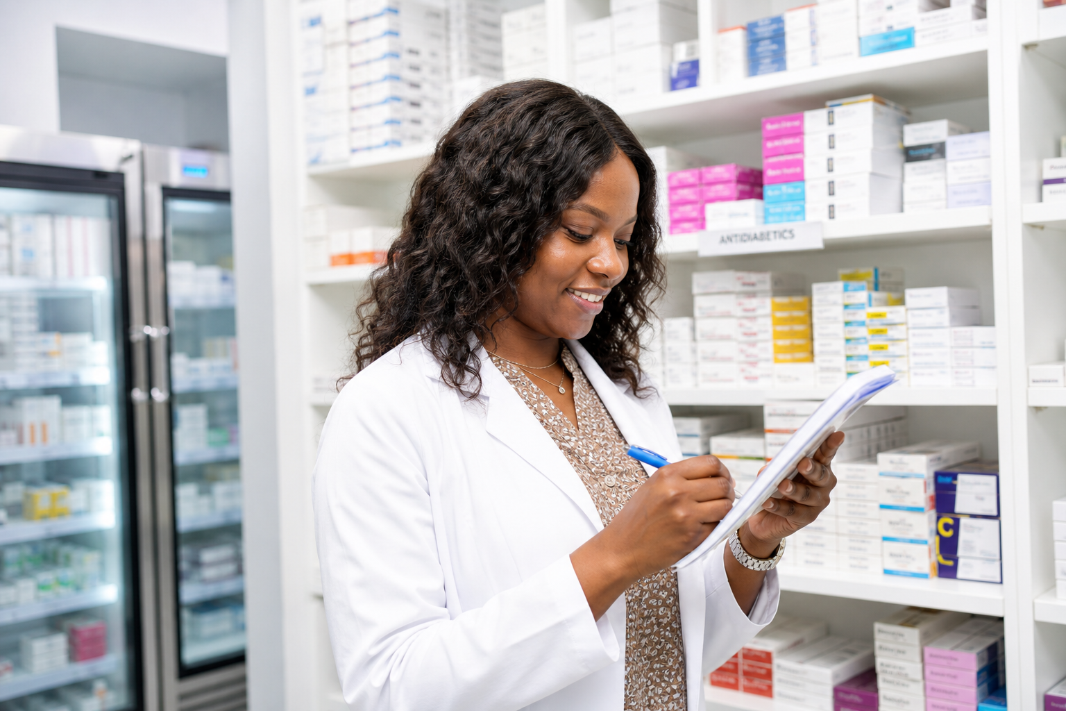 Pharmacist preparing medications at St. Andrew Hospital